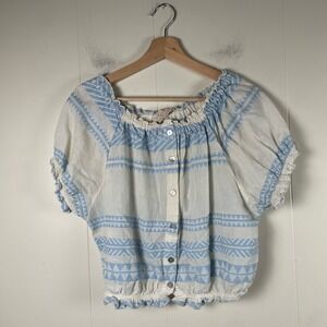 SOFIA Made in Italy‎ Blue White Geometric Off Shoulder Smocked Cotton Crop Top